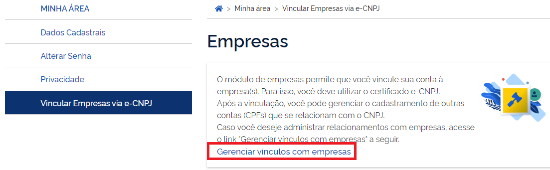 Menu Vincular Empresas via e-CNPJ e Gerenciar Vínculos com Empresas