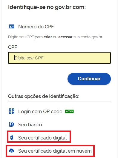 Tela de login no acesso.gov.br com opção Certificado Digital