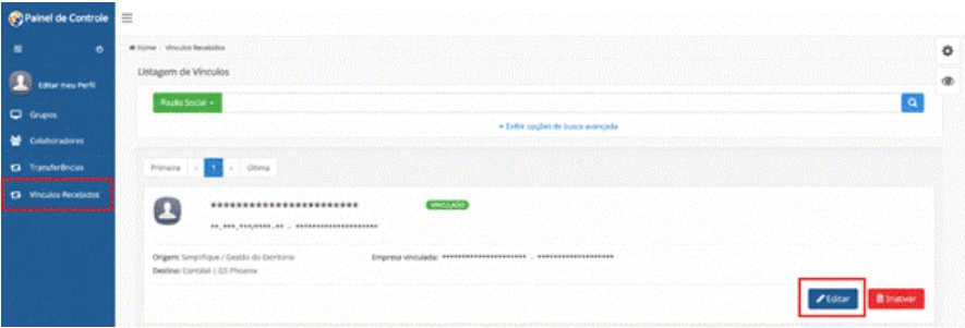 Botão Editar no vínculo recebido.