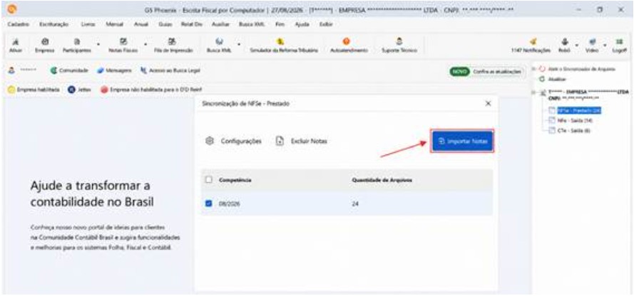 Tela do software G5 Phoenix na aba Sincronização de NFSe - Prestado, destacando o botão azul "Importar Notas" indicado por uma seta vermelha.