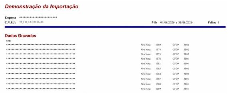 Relatório "Demonstração da Importação" exibindo lista de dados gravados de NF-e, com números de nota e códigos CFOP.