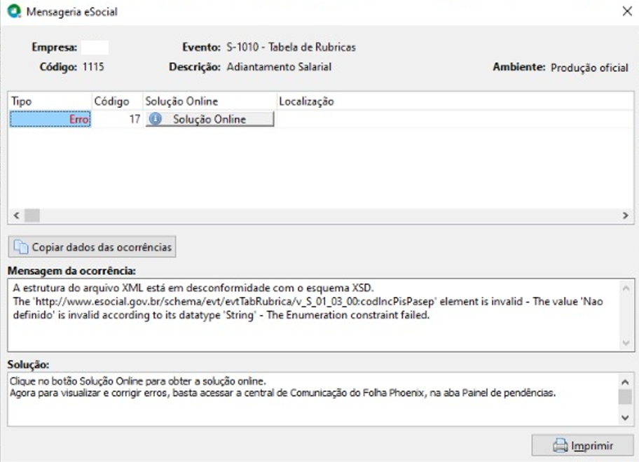Mensagem de erro 17 no evento S-1010.