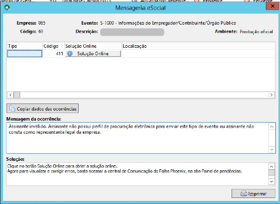 Mensagem de rejeição do erro 411 no Robomatic eSocial