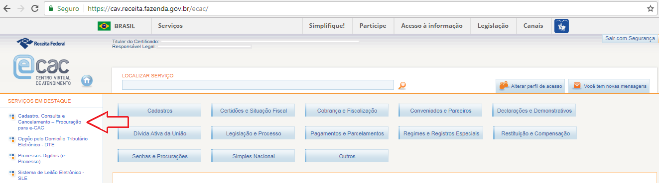 Menu Senhas e Procurações no e-CAC.