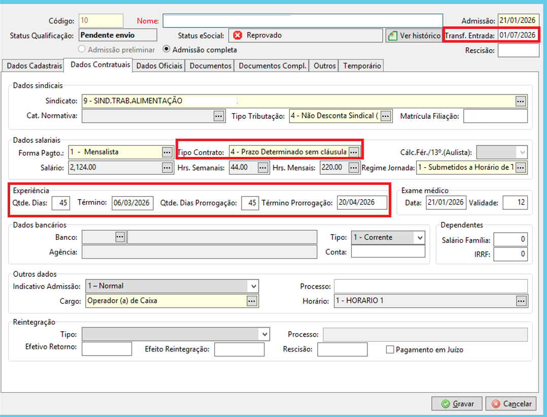 Captura de tela do sistema Folha com destaque em vermelho para Transf. entrada em 01/07/2026, Tipo contrato e período de experiência até 20/04/2026.