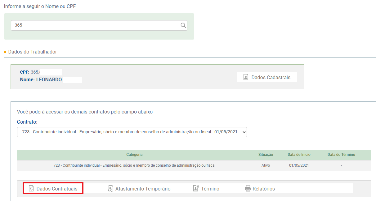 Consulta de dados contratuais do sócio no portal do eSocial