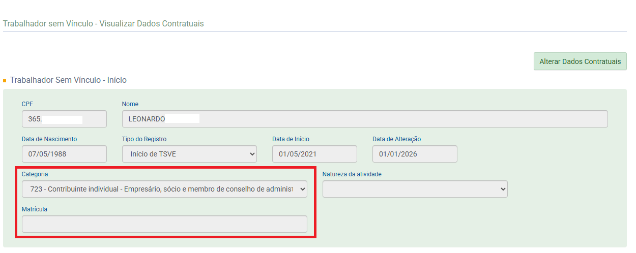 Visualização de matrícula e categoria no portal do eSocial