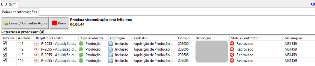 Status reprovado do evento no G5 Web
