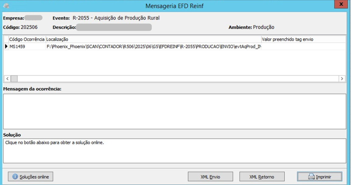 Tela de ocorrência do erro MS1459 na EFD-Reinf