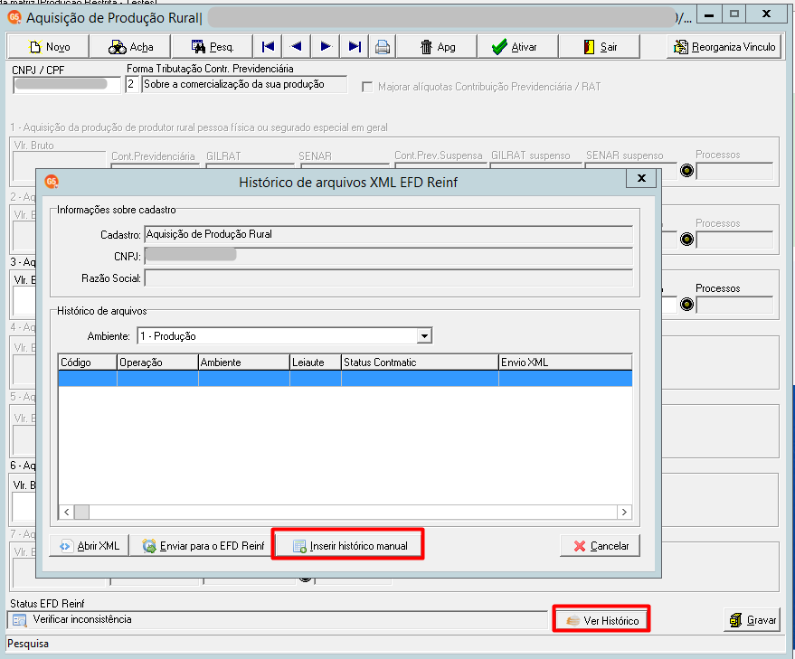Tela Histórico de arquivos XML EFD Reinf no G5 Web