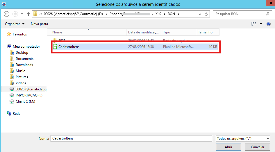 Diretório de rede exibindo o arquivo gerado em F:\Phoenix\XLS.