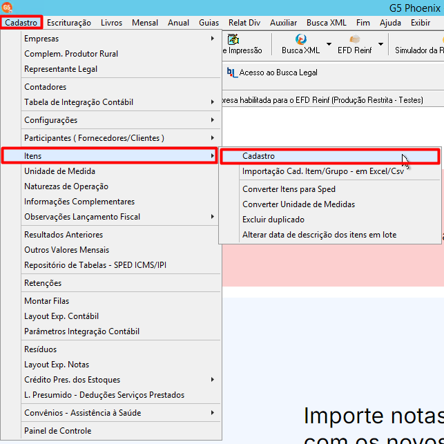 Menu do software G5 aberto em Cadastro > Itens > Cadastro, destacando o caminho para acessar o registro de produtos.