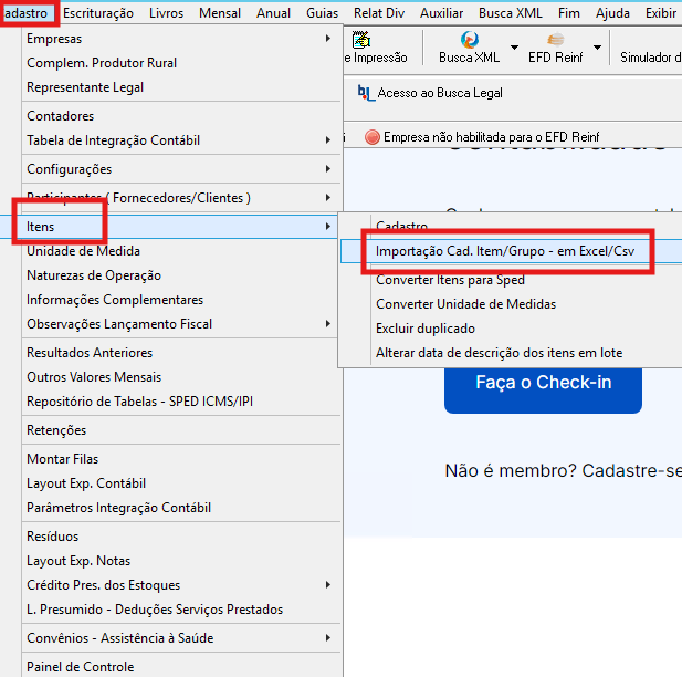 Menu Cadastro > Itens > Importação Cad. Item/Grupo - em Excel/Csv no G5.