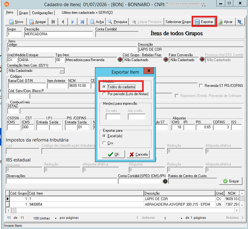 Janela Exportar Item com opção Todos do cadastro selecionada e formatos Excel ou CSV.