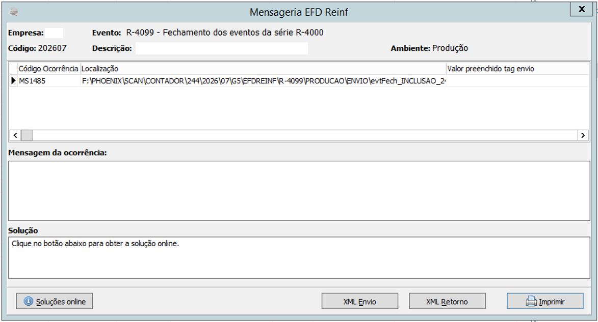 Mensagem de ocorrência MS1485 no Sincronizador