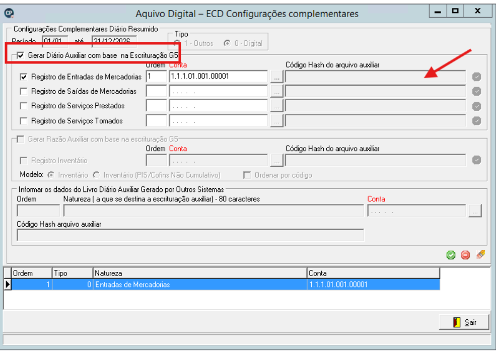 Tela de configurações complementares do Diário Auxiliar