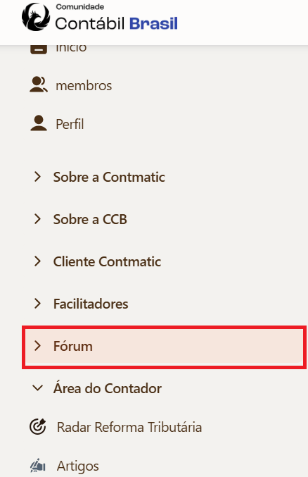 Menu lateral com destaque na opção Fórum