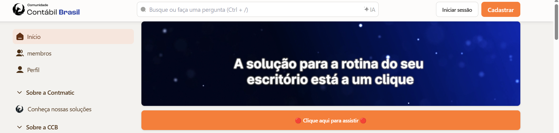 Tela inicial da Comunidade Contábil Brasil com botão de login