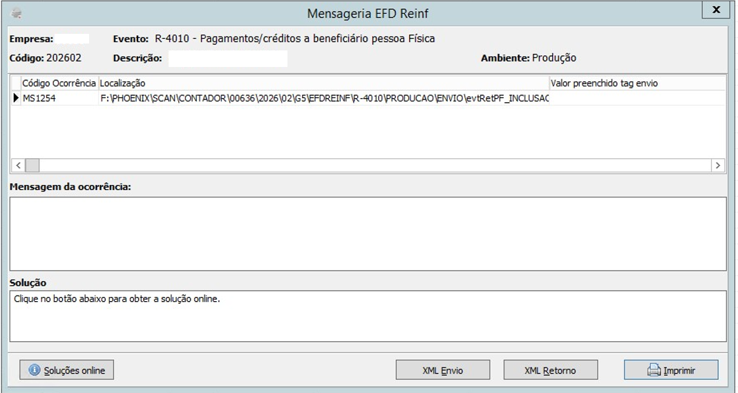 Mensagem de ocorrência em branco com código de erro MS1254.