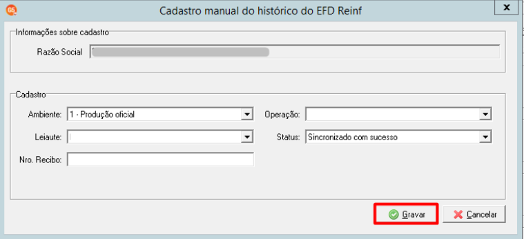 Preenchimento do histórico manual com operação Retificadora.