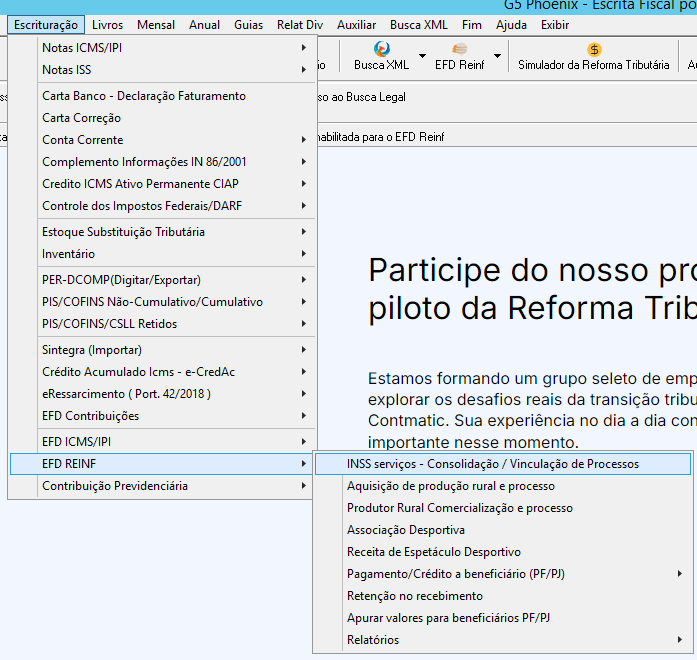 Menu de opções da EFD-Reinf no sistema G5.