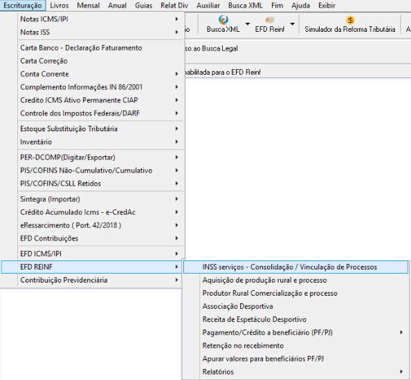 Menu de escrituração EFD-Reinf no G5.