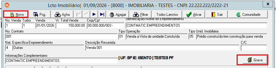 Tela de lançamento de vendas imobiliárias