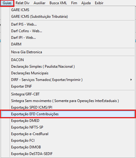 Menu de exportação da EFD-Contribuições