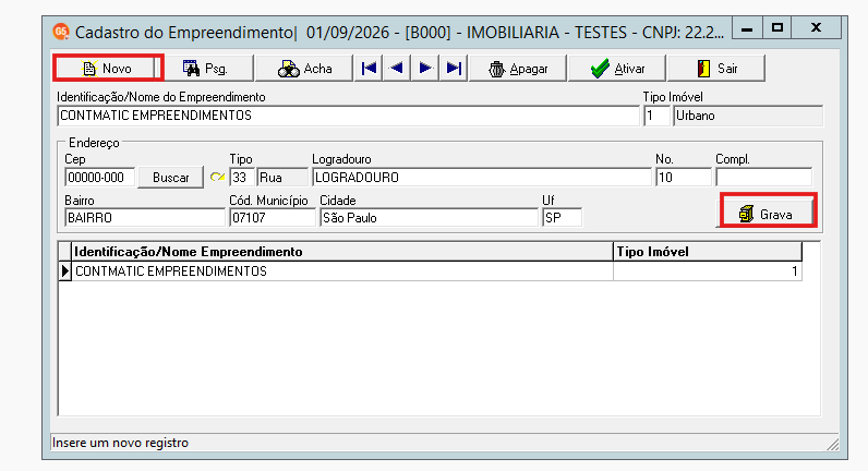 Tela de cadastro de empreendimento imobiliário