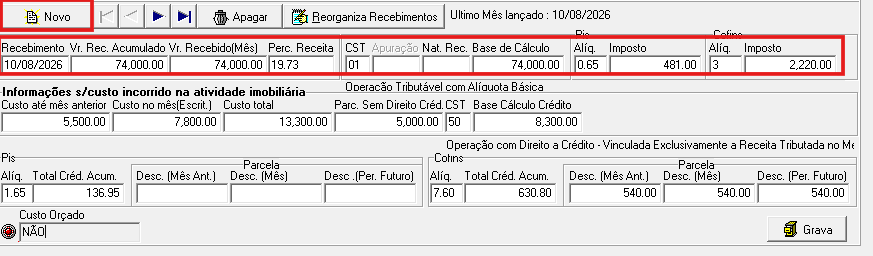Lançamento de recebimento de parcelas