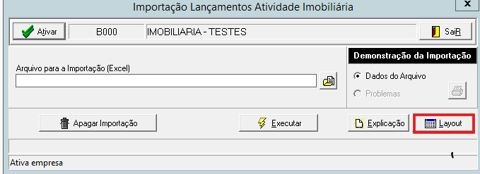 Tela de importação de lançamentos em Excel