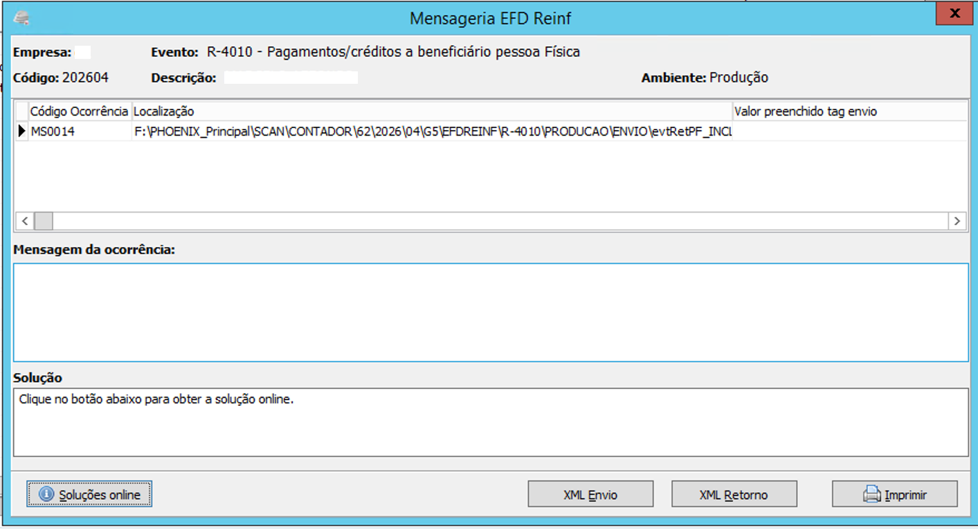 Mensagem de ocorrência MS0014 na EFD-Reinf