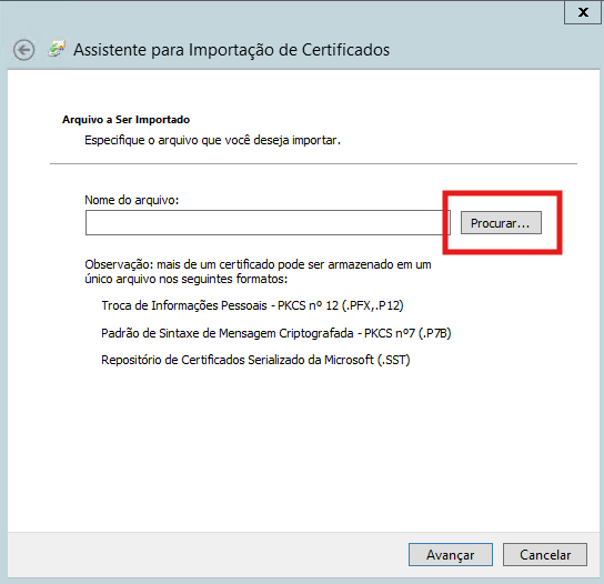 Janela do assistente de importação de certificados com botão Procurar.
