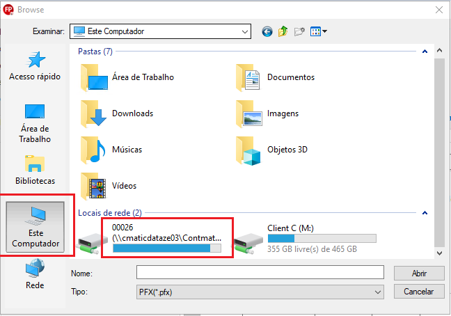 Janela de navegação em Este computador selecionando o diretório da empresa no G5.