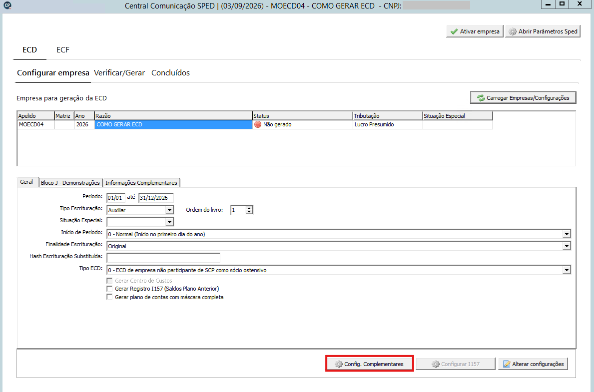 Tela do sistema SPED para configuração de ECD com o campo Tipo Escrituração definido como Auxiliar e destaque no botão Config. Complementares.