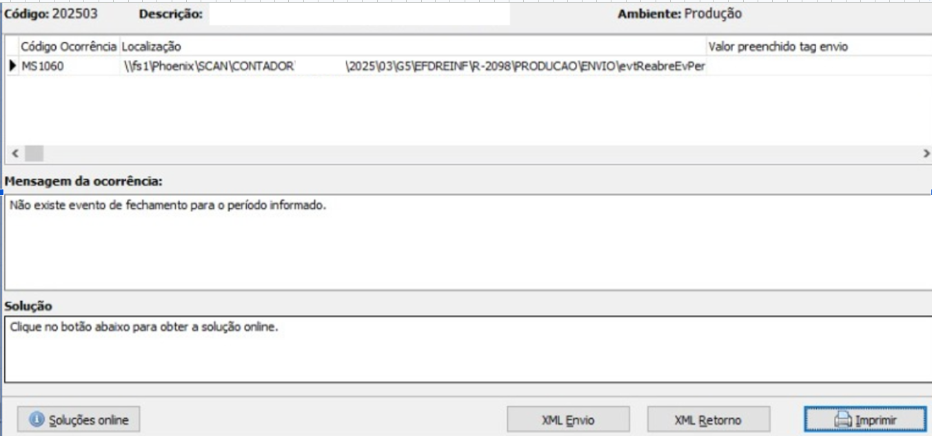 Mensagem de ocorrência MS1060