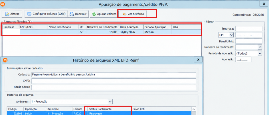 Histórico de apuração com evento EFD-Reinf reprovado
