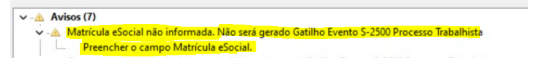 Aviso do sistema indicando campo pendente no cadastro