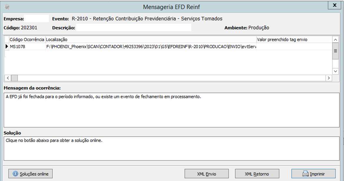 Mensagem de erro MS1078 EFD Reinf