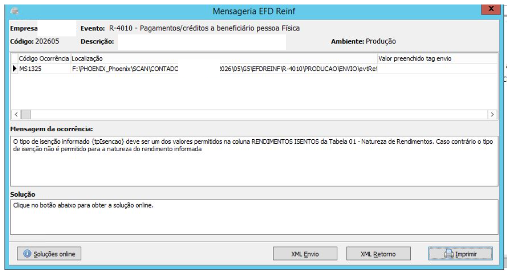 Mensagem de ocorrência MS1325 no evento R-4010