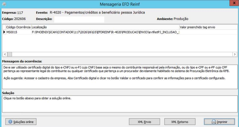Mensagem de ocorrência MS0015 no G5