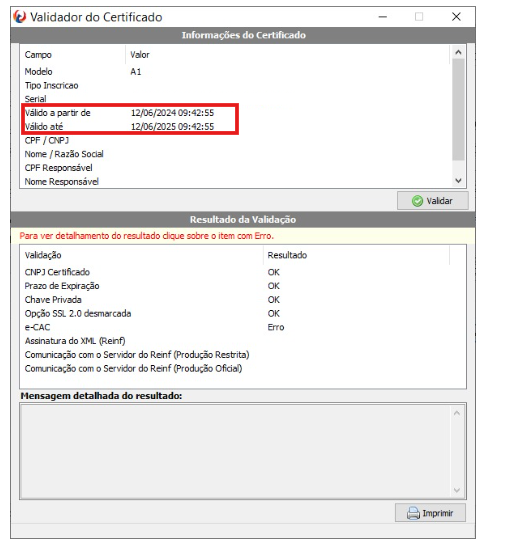 Tela de validação do certificado digital