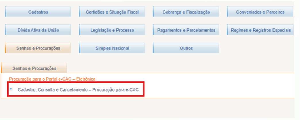 Menu Senhas e Procurações no portal e-CAC