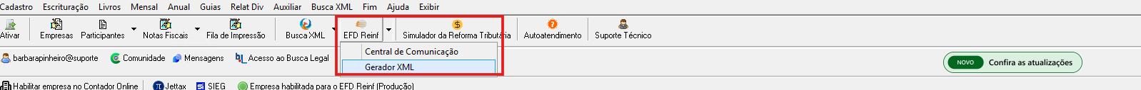 Menu EFD REINF Gerador XML