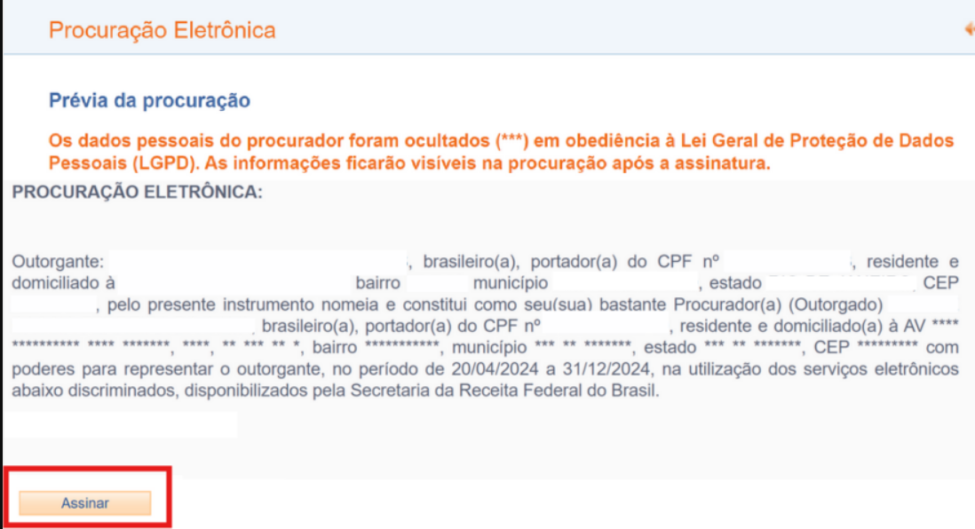 Confirmação dos perfis autorizados na procuração