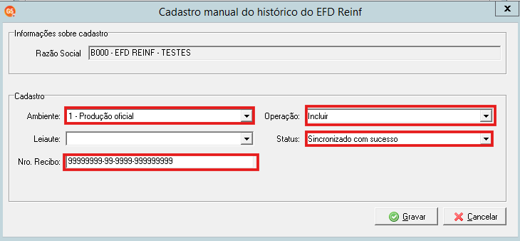Preenchimento do cadastro manual do histórico