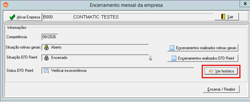 Tela de encerramento mensal com botão Ver histórico