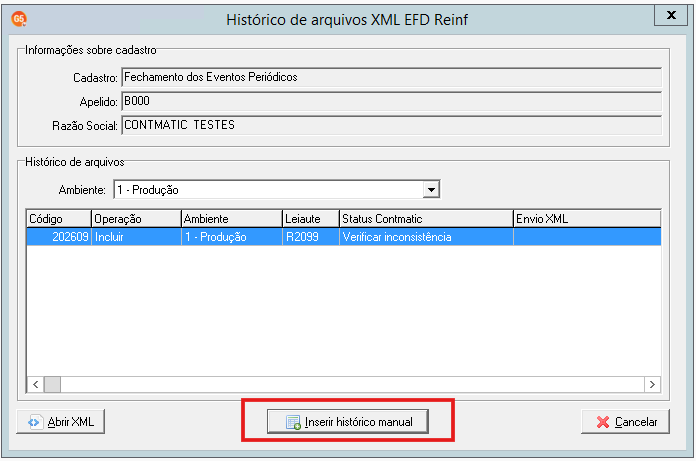 Botão Inserir histórico manual no encerramento