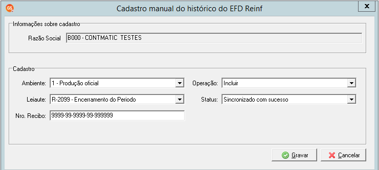 Gravação do histórico manual do R-2099
