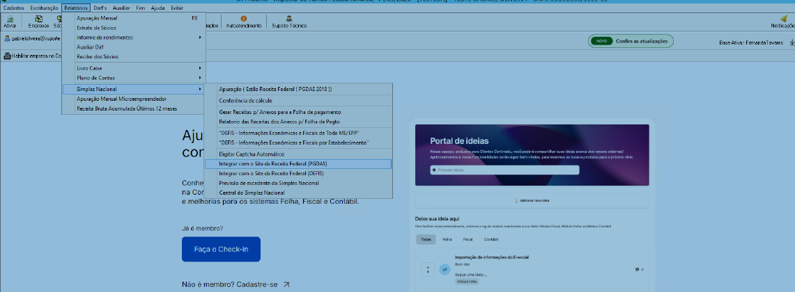 Menu Relatórios no JR Phoenix destacando a opção Integrar com o Site da Receita Federal PGDAS